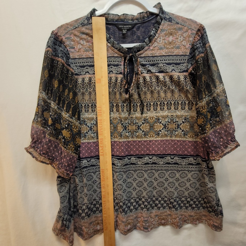 Lucky Brand Womens XL Mixed Border Print Boho Ruffle Tie Neck 3/4 Sleeve Blouse - Picture 11 of 11